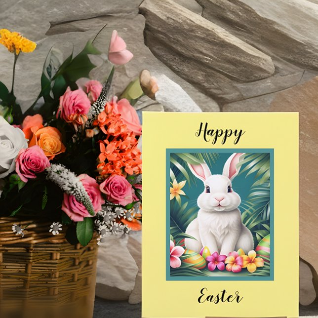 Tarjeta Feliz Pascua, conejo tropical hawaiano y huevos (Subido por el creador)