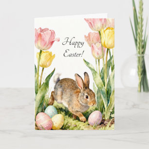 Tarjeta Feliz Pascua Conejo Vintage Huevos y Flores de Pri