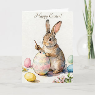 Tarjeta Feliz Pascua Conejo Vintage Pintando un Huevo