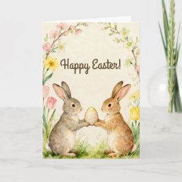 Tarjeta Feliz Pascua Conejos Vintage con Huevo