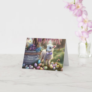 Tarjeta Feliz Pascua Corderito y Huevos de Pascua