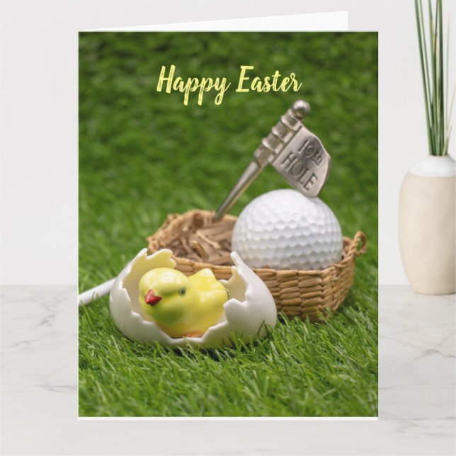 Tarjeta Feliz Pascua de Golf con pollo y bola de golf (Anverso)