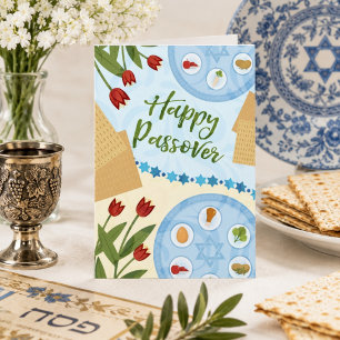 Tarjeta Feliz Pascua Elegante Plato de Seder Floral y Matz