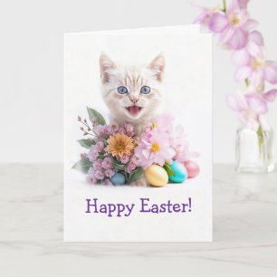Tarjeta Feliz Pascua Gatito Pelirrojo Lindo entre Flores 