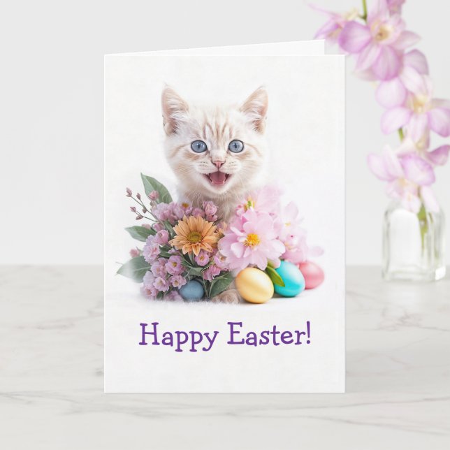 Tarjeta Feliz Pascua Gatito Pelirrojo Lindo entre Flores  (Orquídea)