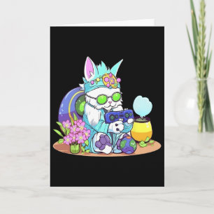 Tarjeta Feliz Pascua Gato Conejo Divertido Jugador Videoju