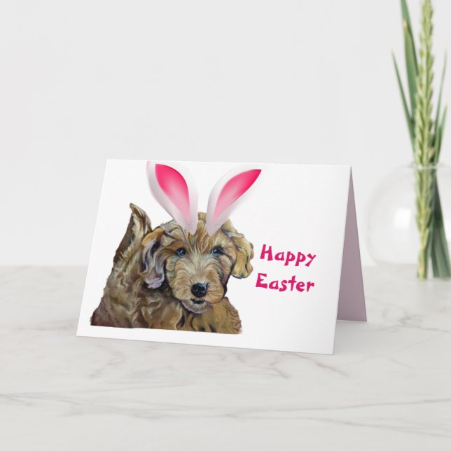 Tarjeta Feliz Pascua Goldendoodle Furry Bungalows rosados  (Anverso)