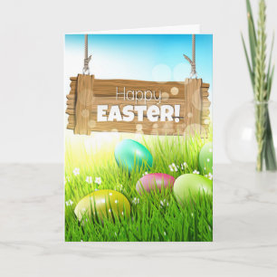 Tarjeta Feliz Pascua Huevos Señal de Madera Saludo