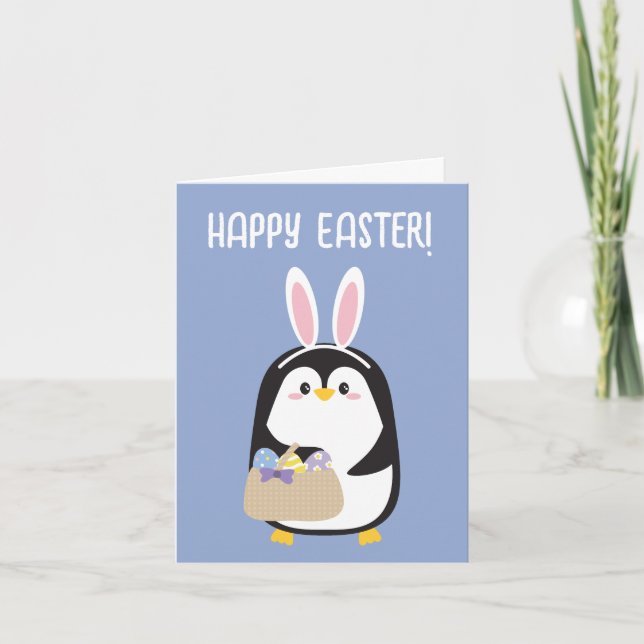 Tarjeta Feliz Pascua lindo pingüino con orejas de conejito (Anverso)