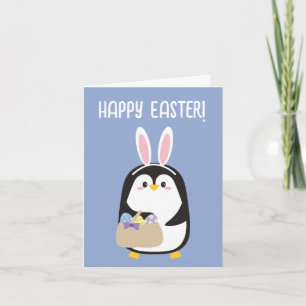 Tarjeta Feliz Pascua lindo pingüino con orejas de conejito
