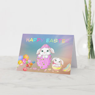 Tarjeta Feliz Pascua Lindos conejos y huevos de Pascua 