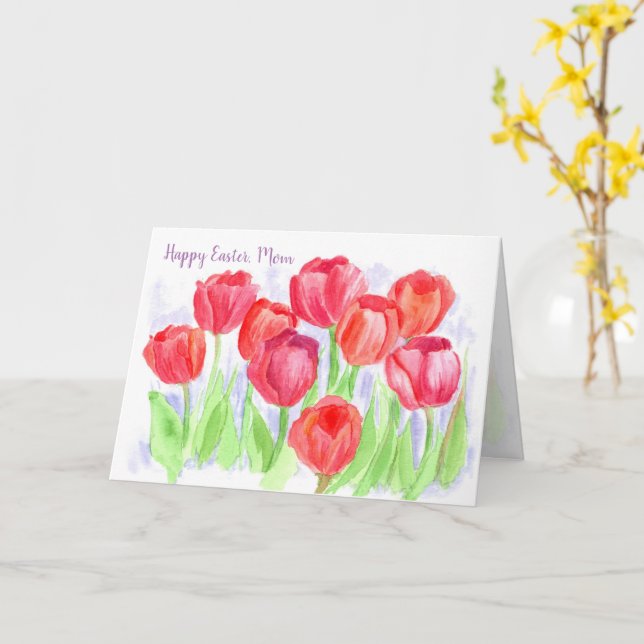 Tarjeta Feliz Pascua, Mamá Roja, Flores de Tulipanes (flor amarilla)