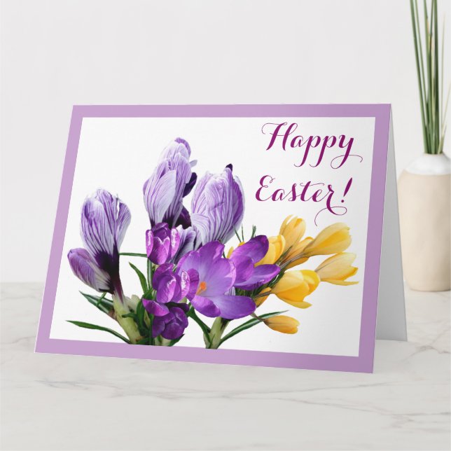 Tarjeta Feliz Pascua morado crocus amarillo bonito floral (Anverso)