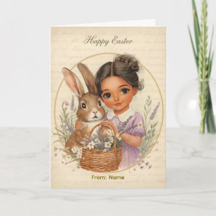 Tarjeta Feliz Pascua - Niña y Conejo con Canasta