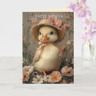 Tarjeta Feliz Pascua Pato Lindo Sombrero de Paja Flores Ro