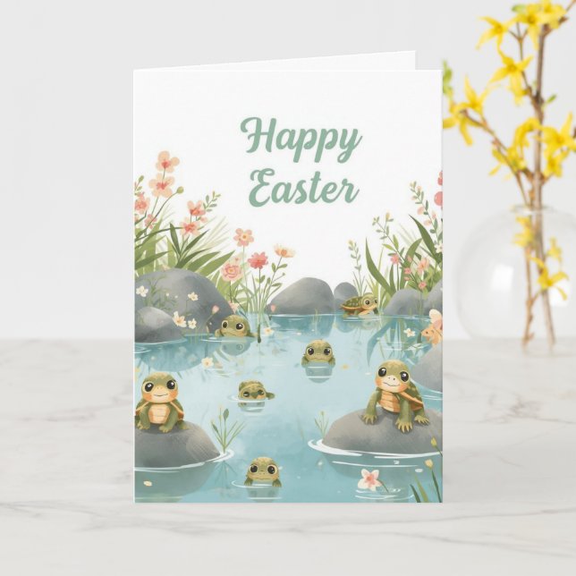 Tarjeta Feliz Pascua tortugas (flor amarilla)