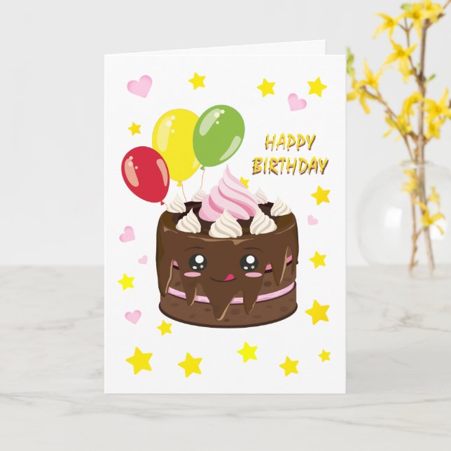 Tarjeta Feliz pastel de chocolate de cumpleaños, kawaii (flor amarilla)
