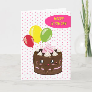 Tarjeta Feliz pastel de chocolate de cumpleaños, kawaii