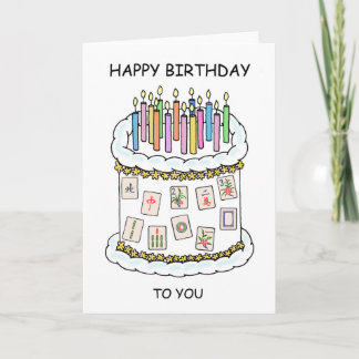 Tarjeta Feliz pastel de cumpleaños de Mahjong y velas