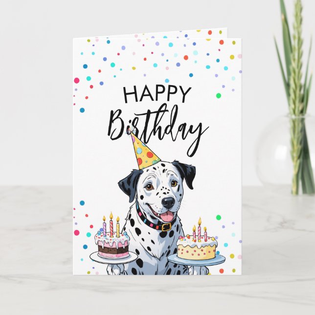 Tarjeta Feliz perro dálmata con pasteles cumpleaños (Anverso)