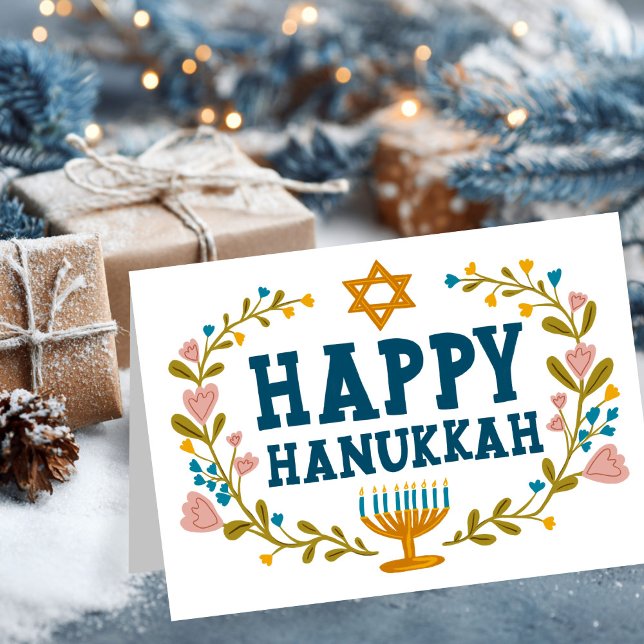 Tarjeta FELIZ Personalizable judío por la floral HANUKKAH (HAPPY HANUKKAH floral wreath Jewish Customizable Holiday Greeting Card
)