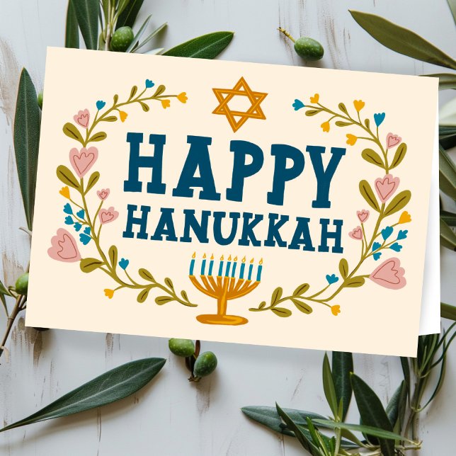 Tarjeta FELIZ Personalizable judío por la floral HANUKKAH (HAPPY HANUKKAH floral wreath Jewish Customizable Card
)