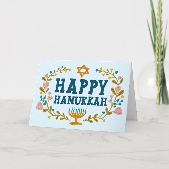 Tarjeta FELIZ Personalizable judío por la floral HANUKKAH (Anverso)