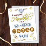 Tarjeta Feliz Personalizado gracioso de Hanukkah Whatke Fu<br><div class="desc">Estas tarjetas de felicitación de Hanukkah contienen la frase humorística "Espero que tu Hanukkah sea toda una diversión". Incluyen dibujos de dreidels, una menorah, la estrella de David y más adornos. La paleta de colores es gris-azul, marsala roja, dorada y marrón sobre blanco. Utilice la plantilla para cambiar el saludo...</div>