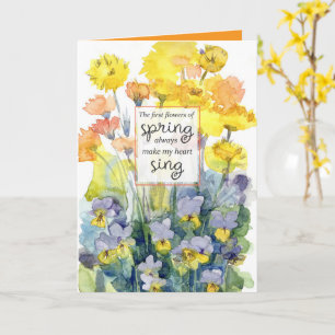 Tarjeta Feliz primavera flores amarillas púrpuras acuarela