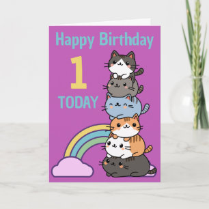 Tarjeta Feliz Primer (1er) Cumpleaños Pila De Gatos Con Ed