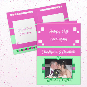 Tarjeta Feliz primer aniversario agregar foto rosa verde