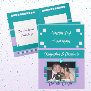 Tarjeta Feliz primer aniversario agregar foto turquesa mor