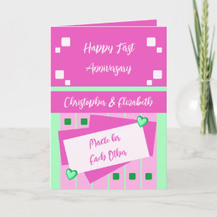 Tarjeta Feliz primer aniversario agregar nombres rosados v