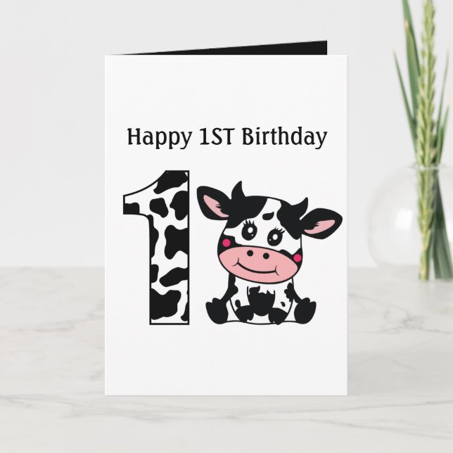Tarjeta Feliz primer cumpleaños a la vaca agregar mensaje (Anverso)