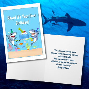 Tarjeta Feliz primer cumpleaños a los tiburones con pastel