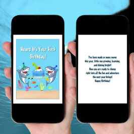 Tarjeta Feliz primer cumpleaños a los tiburones con pastel