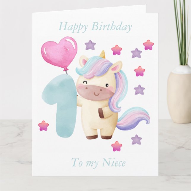 Tarjeta Feliz primer cumpleaños a mi sobrina" (Anverso)