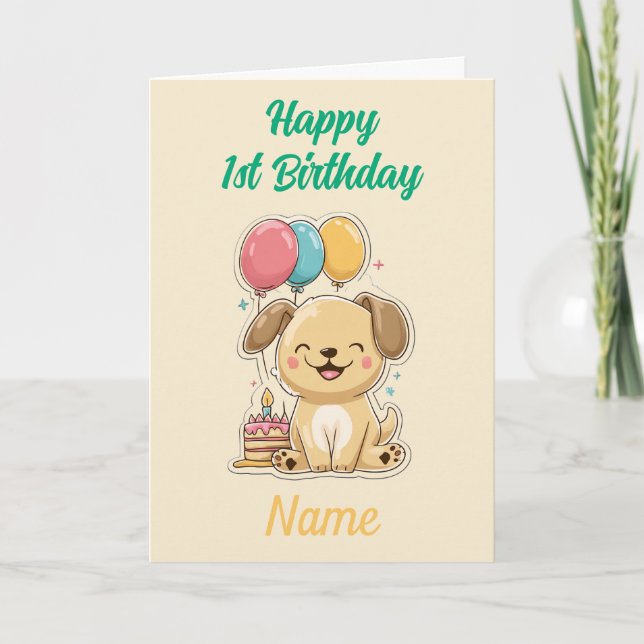 Tarjeta Feliz primer cumpleaños, cachorro, mensaje Persona (Anverso)