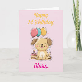 Tarjeta Feliz primer cumpleaños, Chica, feliz cachorro, Pe