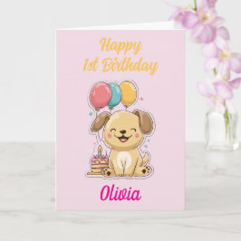 Tarjeta Feliz primer cumpleaños, Chica, feliz cachorro, Pe