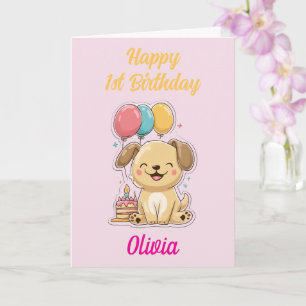 Tarjeta Feliz primer cumpleaños, Chica, feliz cachorro, Pe