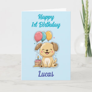 Tarjeta Feliz primer cumpleaños, chico, cachorro lindo, pe
