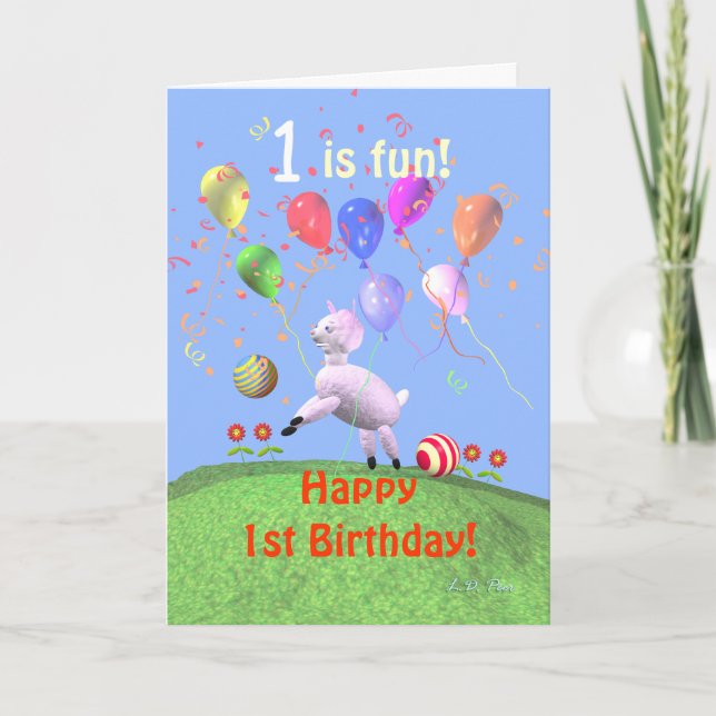 Tarjeta Feliz primer cumpleaños de cordero y globos (Anverso)