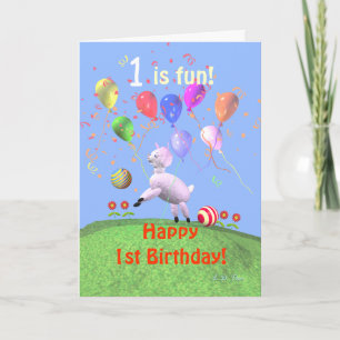 Tarjeta Feliz primer cumpleaños de cordero y globos