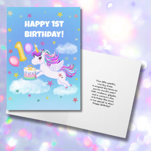 Tarjeta Feliz primer cumpleaños de Unicornio con pastel de