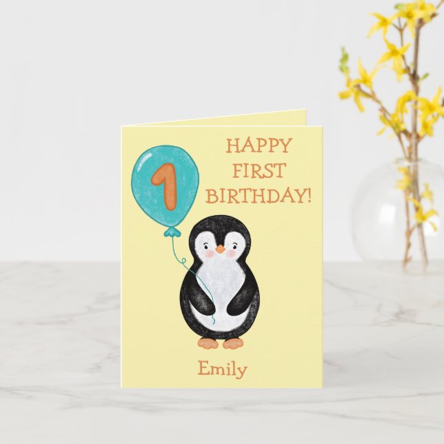 Tarjeta Feliz primer cumpleaños lindo pingüino con baile (flor amarilla)