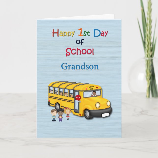 Tarjeta Feliz primer día de clases, nieto, autobús escolar (Anverso)