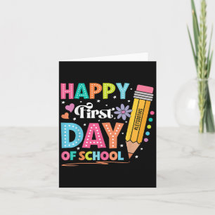 Tarjeta Feliz primer día escolar, profesor de lápiz se vue