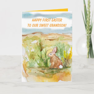 Tarjeta Feliz primer Pascua Nieto Conejo Flores silvestres