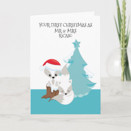 Tarjeta Feliz primera Navidad de casados Pareja de zorros